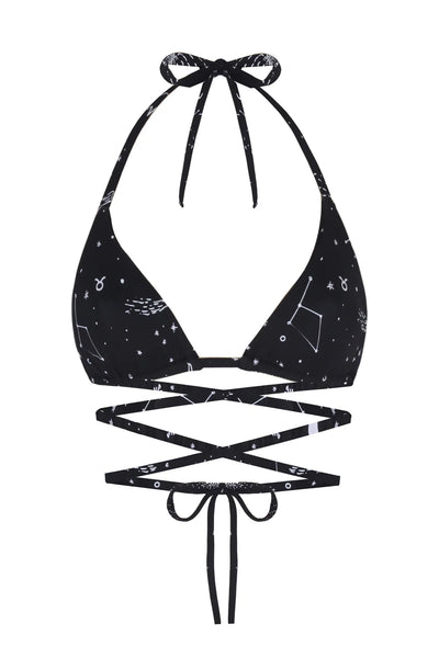 Space Babe Gezegen Ve Burç Baskılı İpli Siyah Bikini Üstü