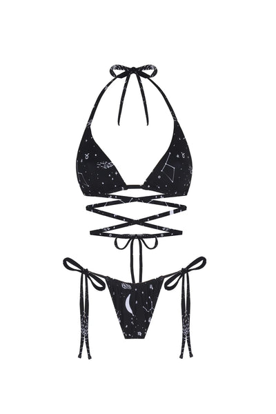 Space Babe Gezegen Ve Burç Baskılı İpli Siyah Bikini Üstü